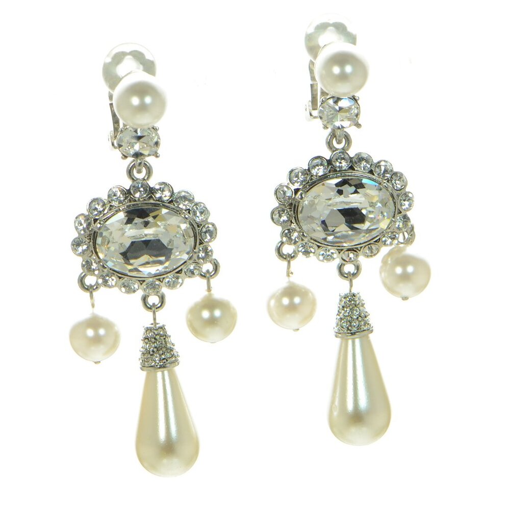 100% Authentic! Oscar de la Renta Crystal & Faux Pearl drop Earrings - Picture 3 of 9